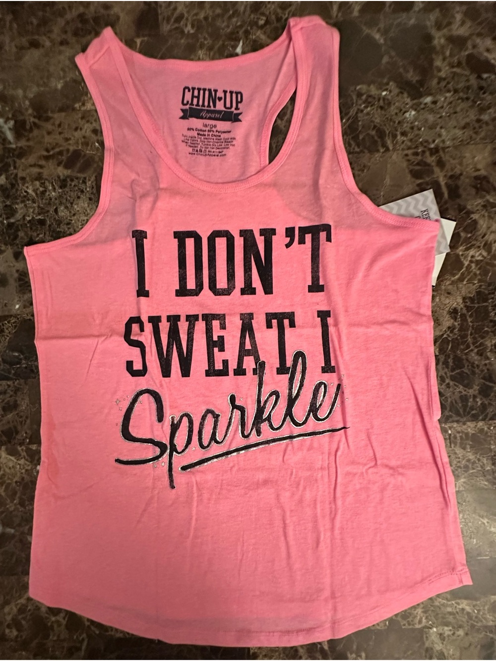 Chin Up Apparel Pink Graphic Racerback Tank "I Don't Sweat I Sparkle"